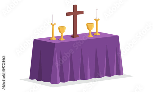 Church Altar Table with Cross and Chalices on Purple Cloth