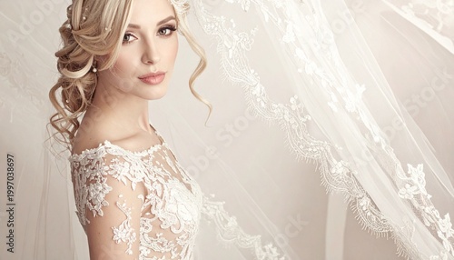 Elegant Bride with Lace Dress and Veil in Studio Portrait.