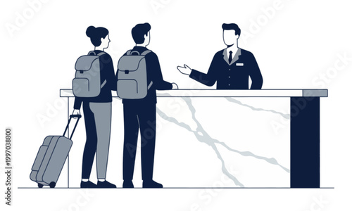Travelers checking in at hotel reception desk vector illustration