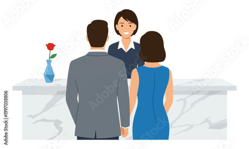 Receptionist Greeting Couple at Hotel Check-in Counter