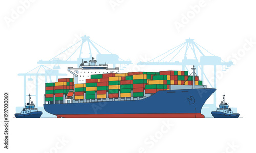 Container ship and tugboats at industrial port illustration