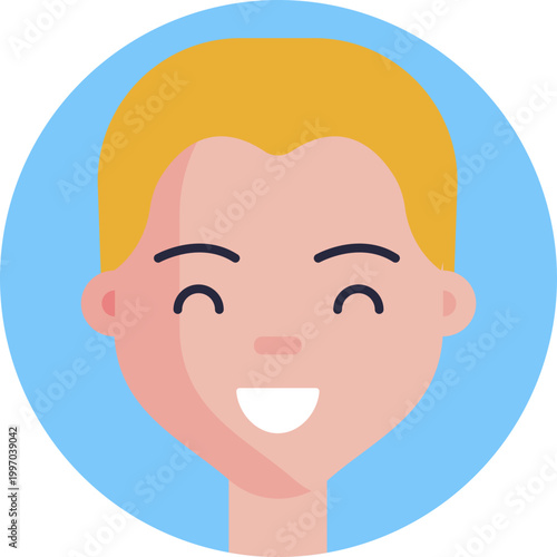 A simple icon of a boy with a wide smile, expressing joy and positive emotion.