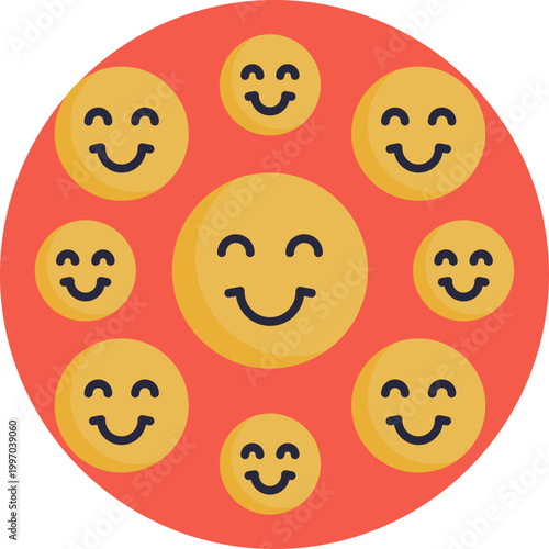 A group of simple, round faces with smiling expressions, representing joy, positivity, and friendliness.