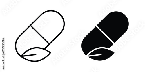 Herbal capsule icon on white background editable stroke and solid flat.