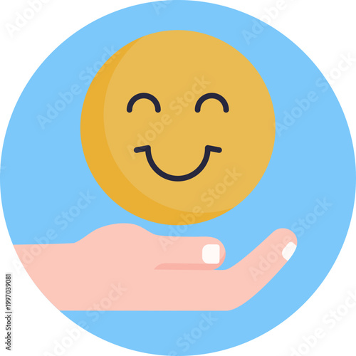 A simple round face with a broad, curved smile and open eyes, expressing joy and positivity.