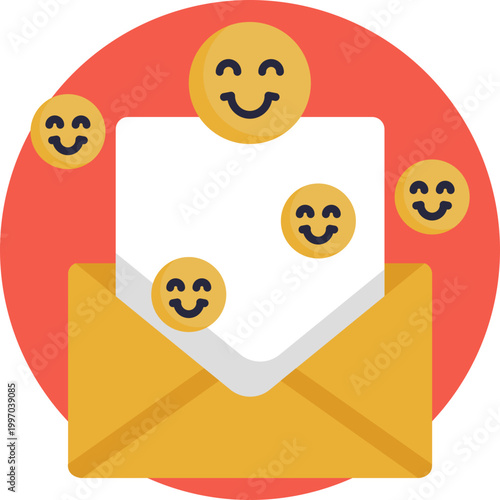 An open envelope with a cheerful expression and a glowing letter inside, representing happiness delivered through messages.