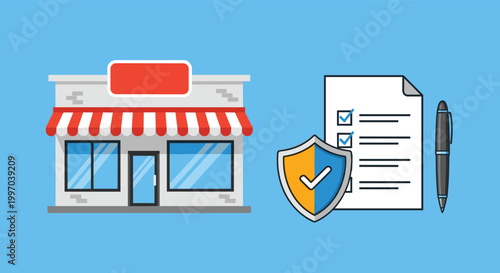 Retail store building next to an insurance document with a shield and pen for small business protection and planning.
