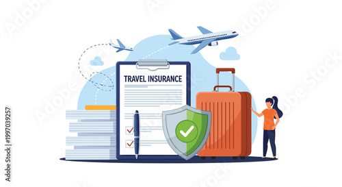 Woman with a suitcase standing next to a travel insurance document with planes flying above for holiday trip protection.