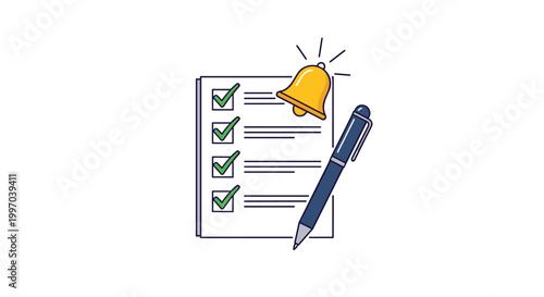 Checklist with green checkmarks and a golden notification bell accompanied by a blue pen for task list organization.
