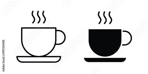 Hot coffee cup icon on white background editable stroke and solid flat.