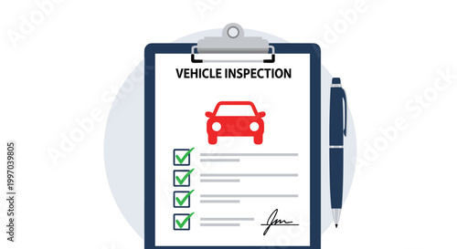 Clipboard with vehicle inspection checklist showing a red car icon and green checkmarks indicating a successful safety check.