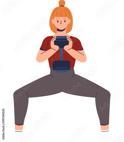 Woman raise up one dumbbells with squat