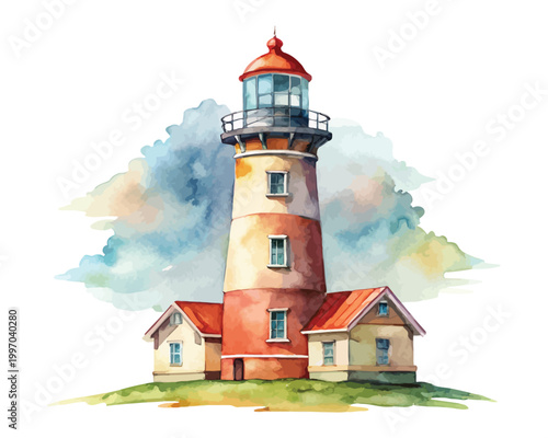 Hand-Painted Lighthouse Watercolor, Nautical Coastal Building Clipart, Isolated Vector Illustration