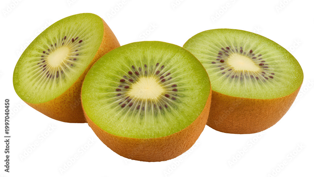 Fototapeta premium Sliced fresh kiwi fruits with brown seeds and green flesh