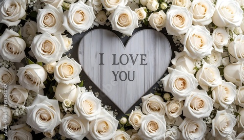 Close-up of white roses surrounding a wooden heart that reads 