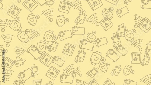 A seamless loop of hand-drawn technology doodles featuring cameras, projectors, and Wi-Fi icons on a warm yellow background. Perfect for creative tech backgrounds.