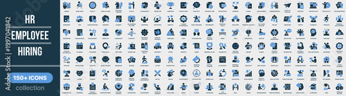 HR, employee and hiring icon collection in colored style. Set of human resources, employee management, hiring, recruitment, interview, team, career and staff icons