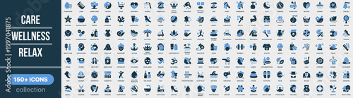 Care, wellness and relax icon collection in colored style. Set of self care, spa, relaxation, beauty, health, meditation, lifestyle and wellness icons