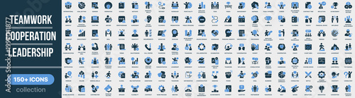 Teamwork, cooperation and leadership icon collection in colored style. Set of teamwork, cooperation, leadership, communication, group work, collaboration, support and management icons