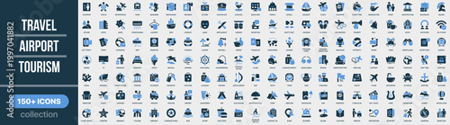 Travel, airport and tourism icon collection in colored style. Set of travel, airport services, tourism, transport, booking, luggage, destinations and journey icons