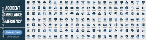Accident, ambulance and emergency icon collection in colored style. Set of emergency services, accident response, ambulance, rescue, danger, safety and disaster icons