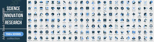 Science, innovation and research icon collection in colored style. Set of science, research, laboratory, experiment, technology, discovery, education and innovation icons