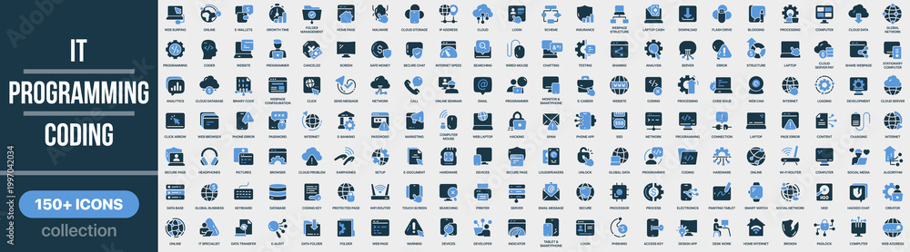 Naklejka premium IT, programming and coding icon collection in colored style. Set of programming, coding, software, development, computer, technology, internet and digital icons