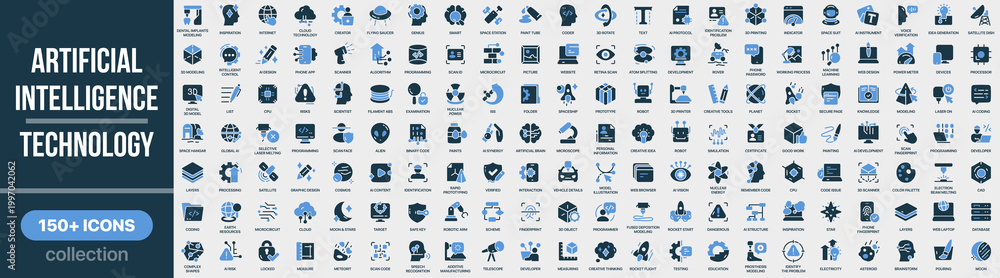 Naklejka premium Artificial intelligence and technology icon collection in colored style. Set of artificial intelligence, machine learning, robotics, data processing, innovation, digital systems and tech icons