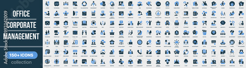 Office, corporate and management icon collection in colored style. Set of office work, corporate management, workflow, communication, teamwork, business process and organization icons