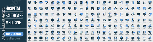 Hospital, healthcare and medicine icon collection in colored style. Set of medical services, doctor, hospital, treatment, diagnostics, emergency, pharmacy and healthcare icons