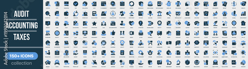Audit, accounting and taxes icon collection in colored style. Set of audit, accounting, taxes, finance, report, calculation, budget, invoice and business analysis icons
