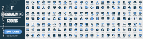 IT, programming and coding icon collection in colored style. Set of programming, coding, software, development, computer, technology, internet and digital icons