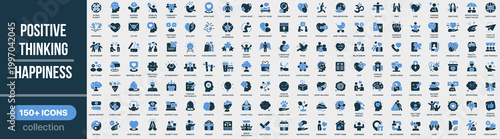 Positive, thinking and happiness icon collection in colored style. Set of positive mindset, happiness, motivation, love, support, inspiration and emotional wellbeing icons