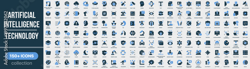 Artificial intelligence and technology icon collection in colored style. Set of artificial intelligence, machine learning, robotics, data processing, innovation, digital systems and tech icons