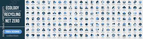 Ecology, recycling and net zero icon collection in colored style. Set of ecology, recycling, sustainability, energy, environment, green solutions and climate icons