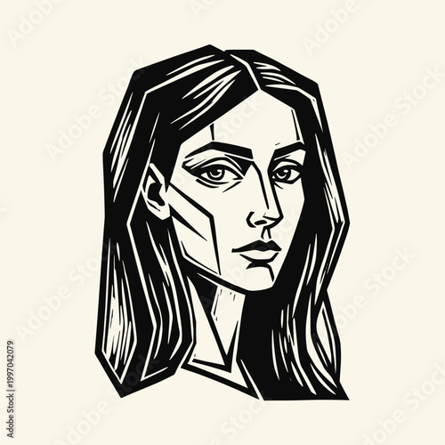 Beautiful brunette woman portrait: linocut cubism illustration, minimalist woodblock print vector art