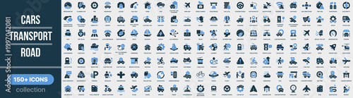 Cars, transport and road icon collection in colored style. Set of cars, vehicles, transport, road traffic, driving, navigation, fuel and automotive icons