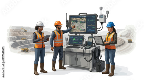 Mining Operation Control Center Team Analyzing Data with Digital Displays and Site Overview for Efficient Resource Management