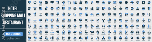 Hotel, shopping mall and restaurant icon collection in colored style. Set of hotel services, shopping, dining, hospitality, booking, travel service and customer experience icons