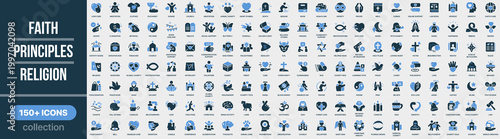 Faith, principles and religion icon collection in colored style. Set of religion, faith, spirituality, beliefs, worship, church and moral values icons