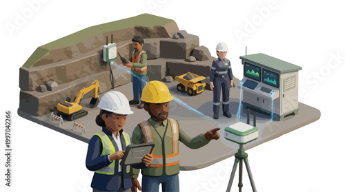 Mining Operation with Diverse Workers Utilizing Modern Technology for Resource Extraction and Site Management