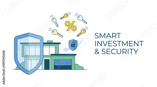Smart investment and security concept with a house protected by a shield percentage sign and keys around it
