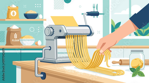 A lively flat design scene depicting a busy taco truck serving delicious street food to happy customers in an urban setting.
