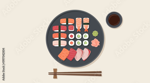 A charming flat design illustration featuring an inviting display window of a contemporary pastry shop filled with an assortment of delicious treats