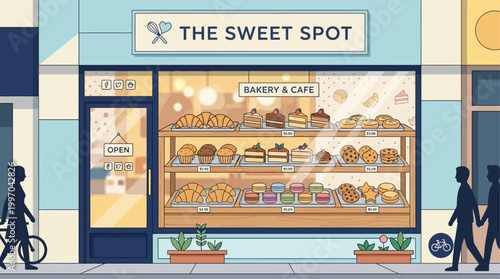 A charming flat design illustration featuring an inviting display window of a contemporary pastry shop filled with an assortment of delicious treats