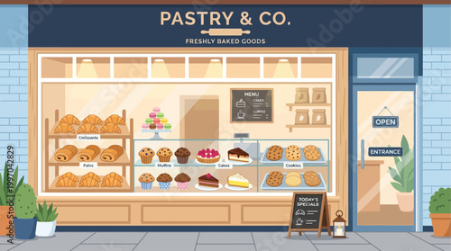 A charming flat design illustration featuring an inviting display window of a contemporary pastry shop filled with an assortment of delicious treats