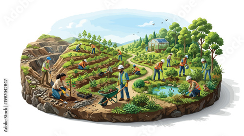 Land Reclamation and Reforestation Project with Diverse Workers Restoring a Former Mining Site to a Thriving Ecosystem
