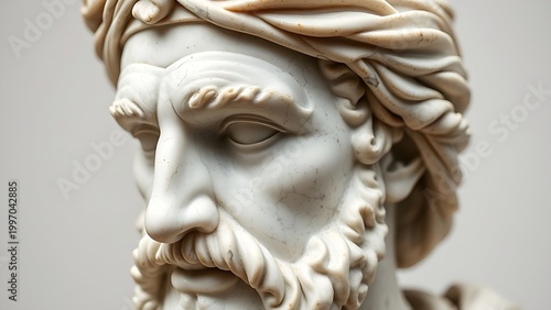 A marble bust of a Roman statesman with carved folds of toga.