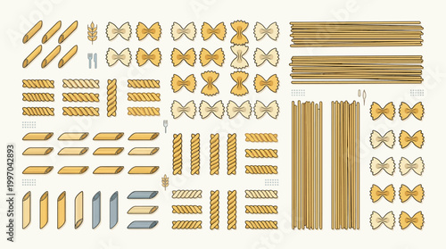 A colorful flat design illustration displaying a diverse collection of uncooked Italian pasta shapes, highlighting culinary variety and tradition.
