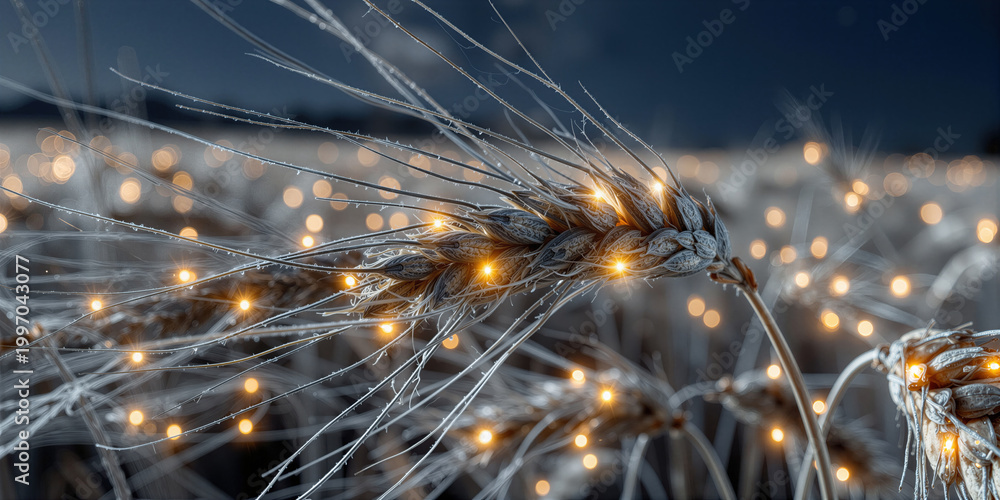Fototapeta premium Icy wheat with glowing lights. Chilly grain heads under delicate frost crystals and warm glow